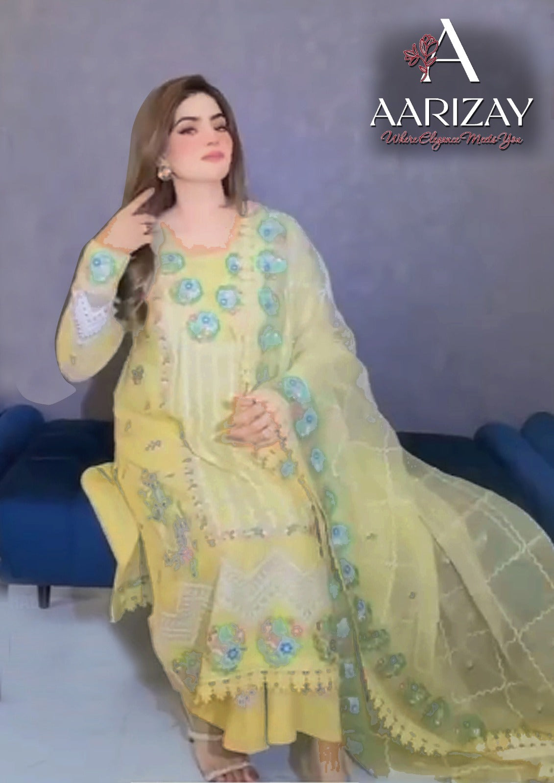 ANEELA Custard Pure Cotton and Organza (AY0002)